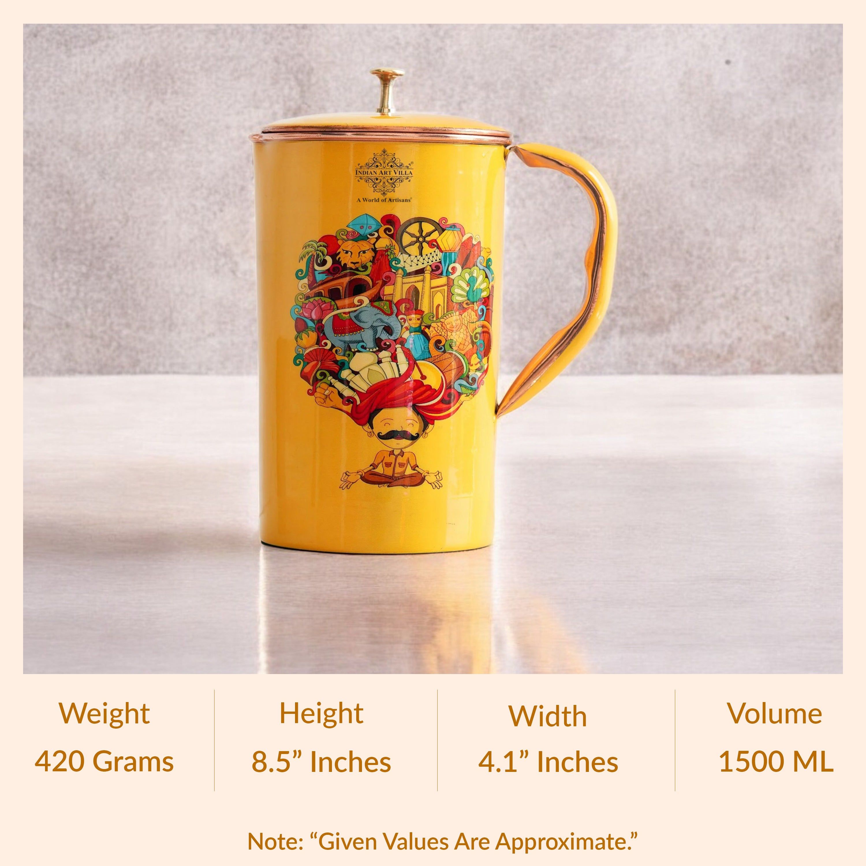 Pure copper printed jug padharo mhare desh design rajasthan pagdi art, 2000 ML